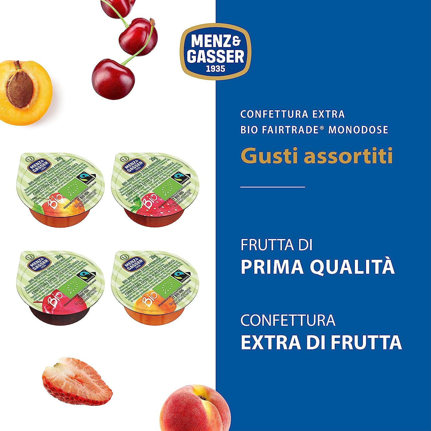 Menz&Gasser - Confettura Extra Biologica: Albicocca, Fragola, Ciliegia, Pesca confettura monodose - 2kg (100 x 20gr) Bottega senza Glutine