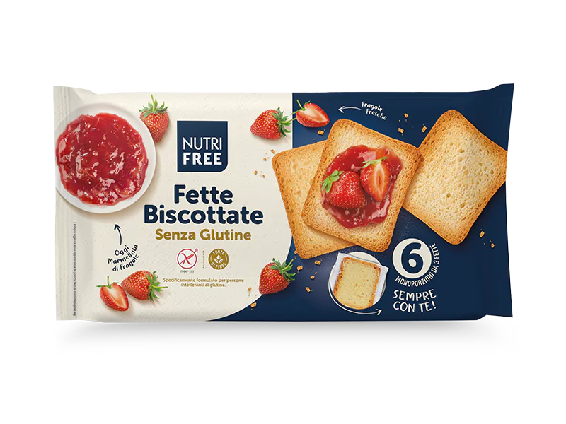 Nutrifree - Fette Biscottate senza glutine, senza amido di frumento, senza latte, senza lattosio, senza uova, 6 monoporzioni da 3 fette - 225g. Bottega senza Glutine