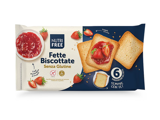 Nutrifree - Fette Biscottate senza glutine, senza amido di frumento, senza latte, senza lattosio, senza uova, 6 monoporzioni da 3 fette - 225g. Bottega senza Glutine